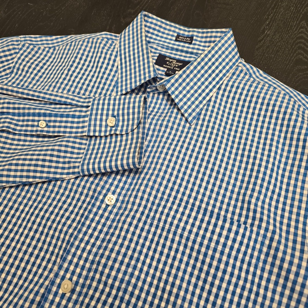 J.Crew Thompson Shirtings Mens Blue Gingham Wrinkle Free Dress Shirt Medium 15.5